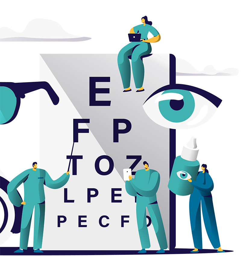 Eye chart with eye care professionals (illustration)